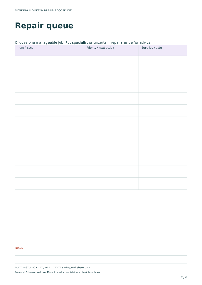 Actual inside page of Mending & Button Repair Record Kit
