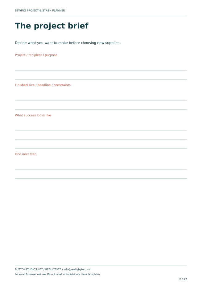 Actual project brief worksheet from the Sewing Project & Stash Planner